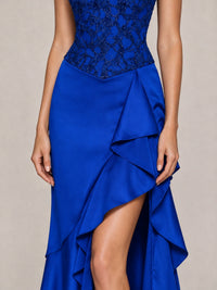 Strapless Lace Appliques Corset Satin Prom Dress Ruffle Slit Evening Gown