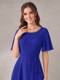 Scoop Neck A-line Chiffon Bridesmaid Dress with Flutter Sleeve & Belt