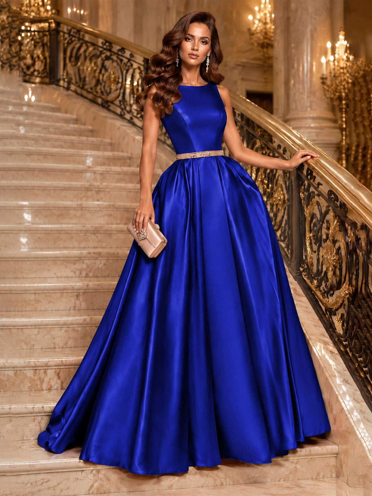 Satin A-Line Prom Dress Sleeveless Beaded Waist Formal Gown with Pockets
