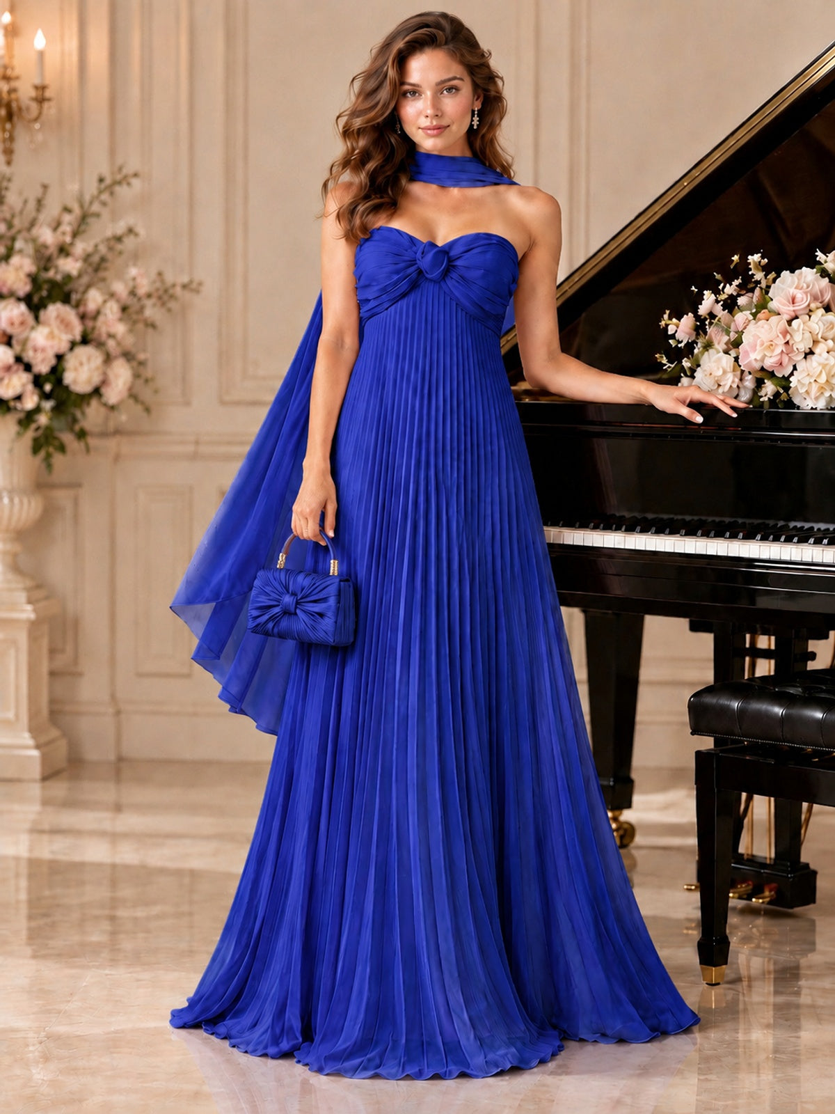 Sweetheart Neckline Pleated Prom Dress Strapless A-line Formal Dress with Flowy Scarf
