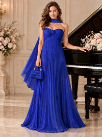 Sweetheart Neckline Pleated Prom Dress Strapless A-line Formal Dress with Flowy Scarf