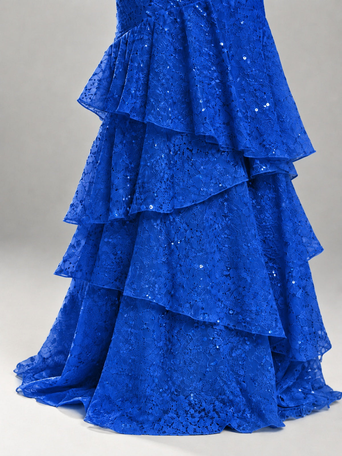 Halter Tiered Mermaid Prom Dress with Sparkly Lace