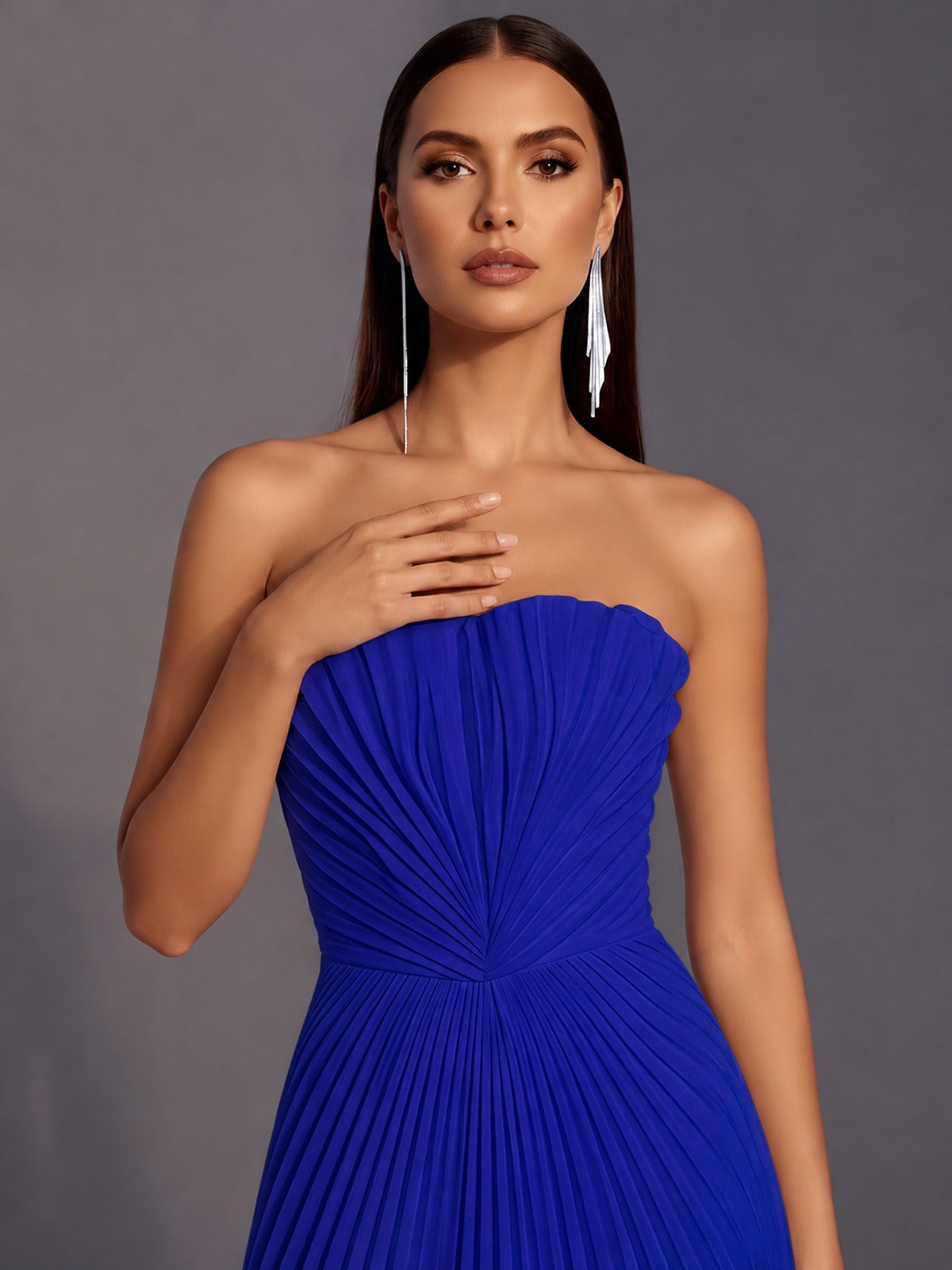 Strapless A-line Long Pleated Satin Prom Dress