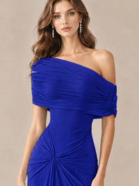 Elegant Draped Off Shoulder Ruched Mermaid Chiffon Formal Evening Gown