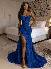Beaded Sequin Prom Dress Strapless Formal Gowns with High Slit Train
