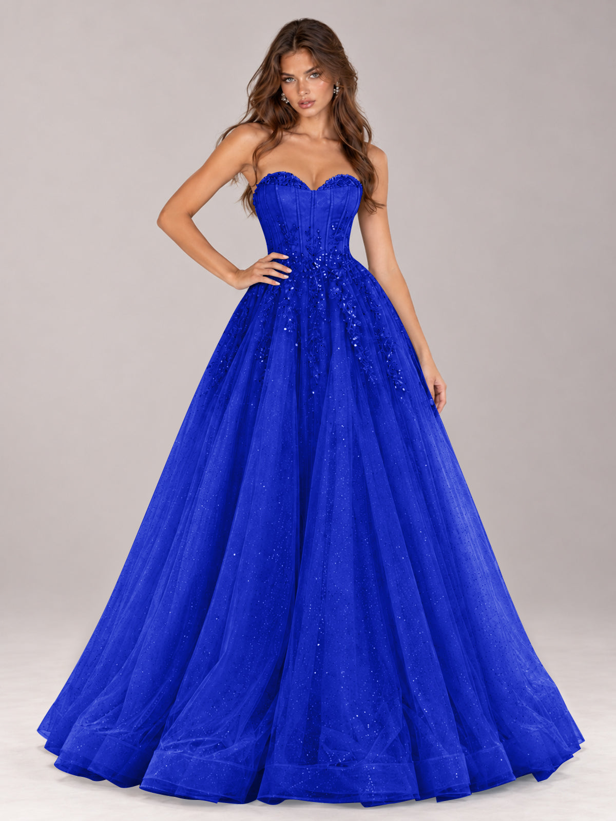 Strapless Sweetheart Beaded Corset Glitter Tulle Ball Gown Prom Dress