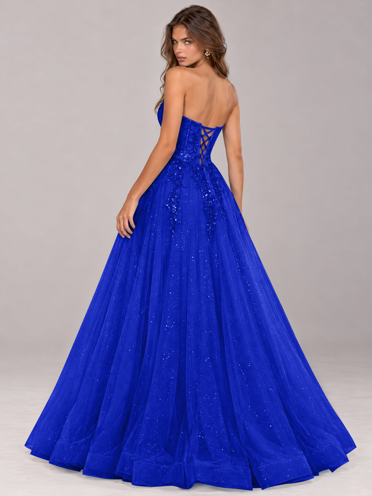 Strapless Sweetheart Beaded Corset Glitter Tulle Ball Gown Prom Dress