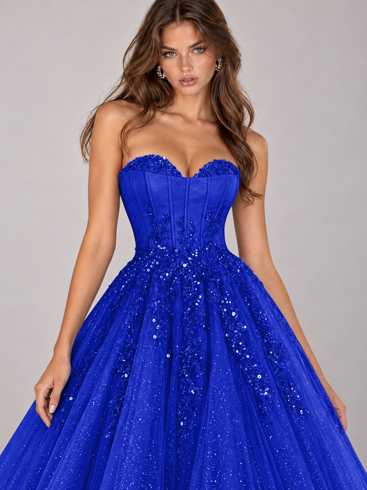 Strapless Sweetheart Beaded Corset Glitter Tulle Ball Gown Prom Dress