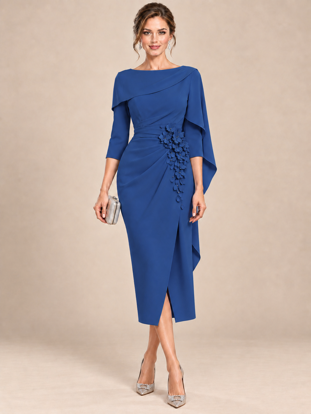 Light Blue Cape Sleeve Mother of the Bride Midi Dress with Floral Applique