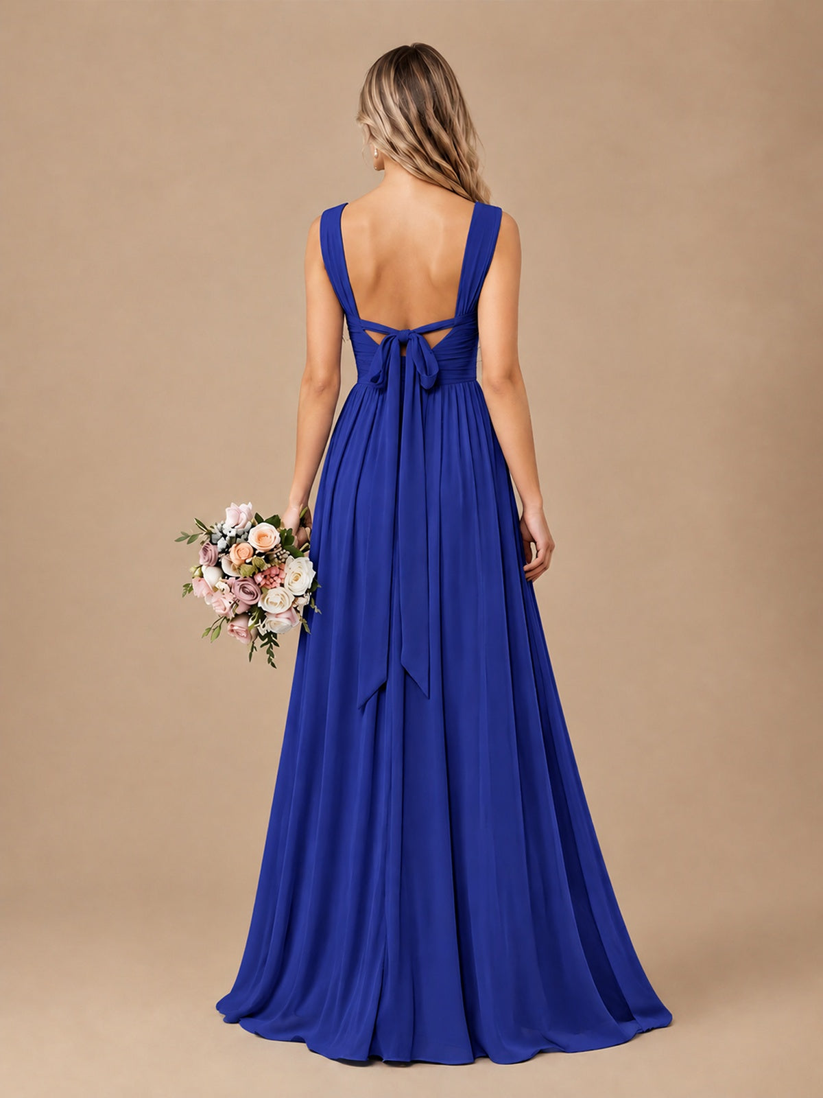 Pleated Chiffon V Neck Wedding Bridesmaid Dresses Floor Length with Slit