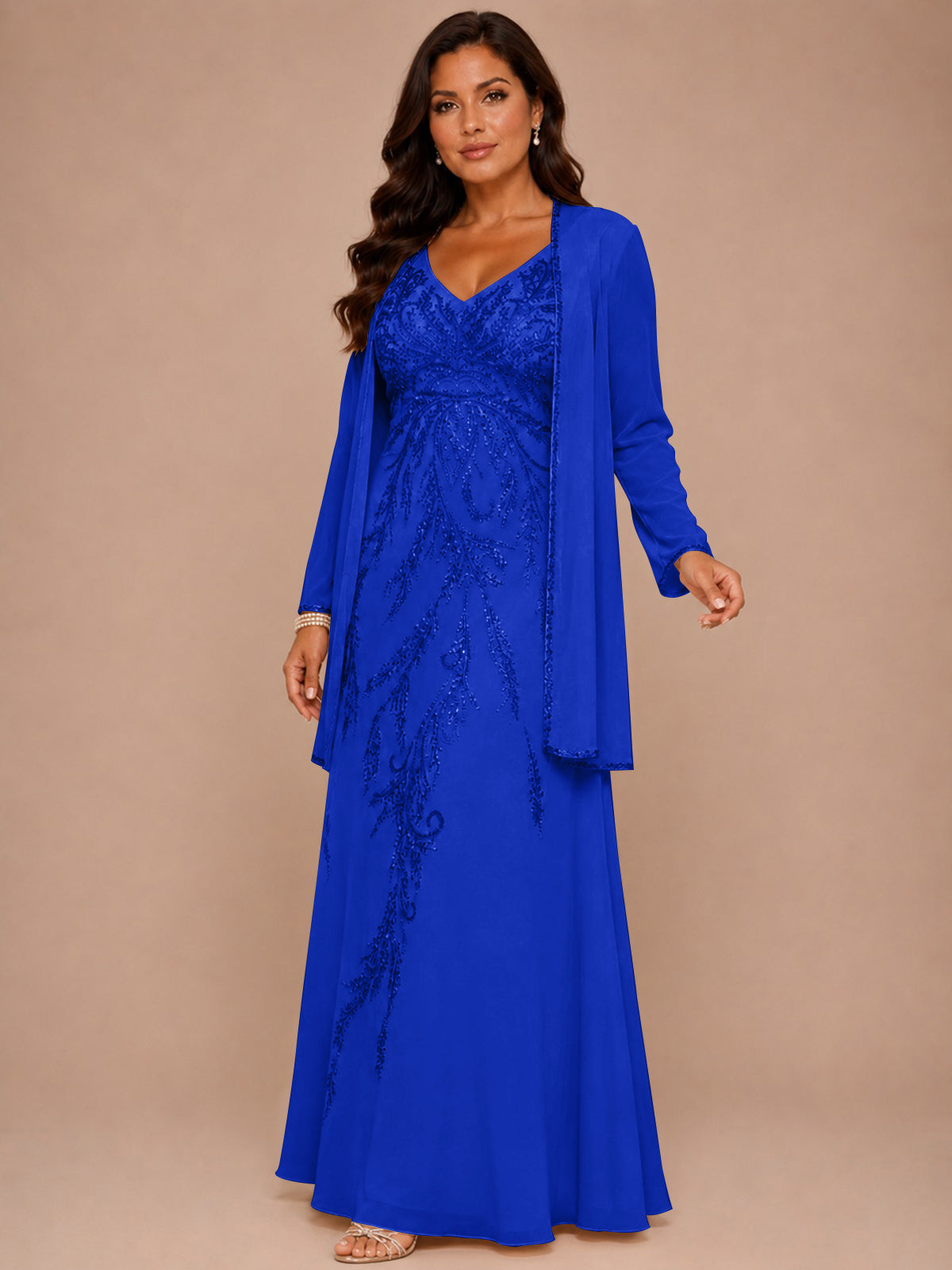 Champagne Beaded Chiffon Mother of the Bride Dress with Jacket V-Neck Gown