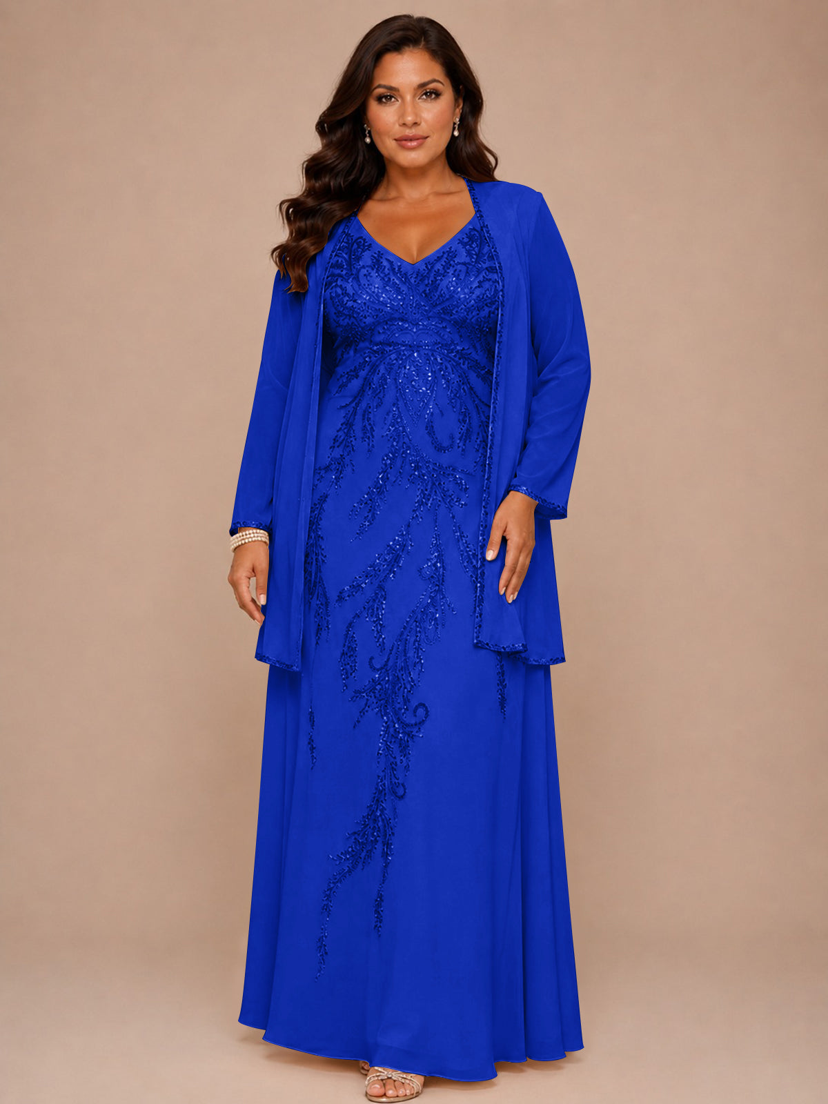 Champagne Beaded Chiffon Mother of the Bride Dress with Jacket V-Neck Gown