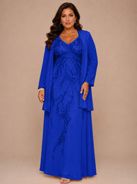 Champagne Beaded Chiffon Mother of the Bride Dress with Jacket V-Neck Gown