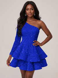 Royal Blue One Shouler Sequin Homecoming Dress with Long Sleeve Sparkly Puffy Tiered Mini Prom Dress Cocktail Party Gown