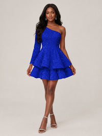 Puffy One Shoulder Sequin Tiered Mini Dress