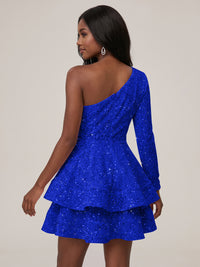 Puffy One Shoulder Sequin Tiered Mini Dress