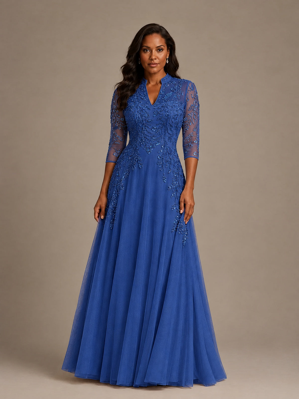 Embellished Appliques Mother of the Bride Dress with 3/4 Sleeves