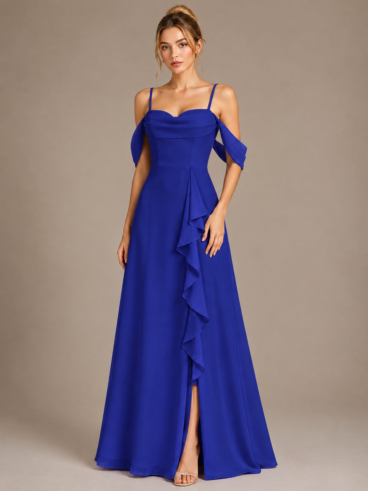 Spaghetti Strap Chiffon Bridesmaid Dress with Ruffles Slit