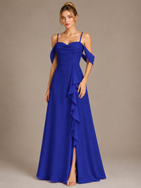 Spaghetti Strap Chiffon Bridesmaid Dress with Ruffles Slit