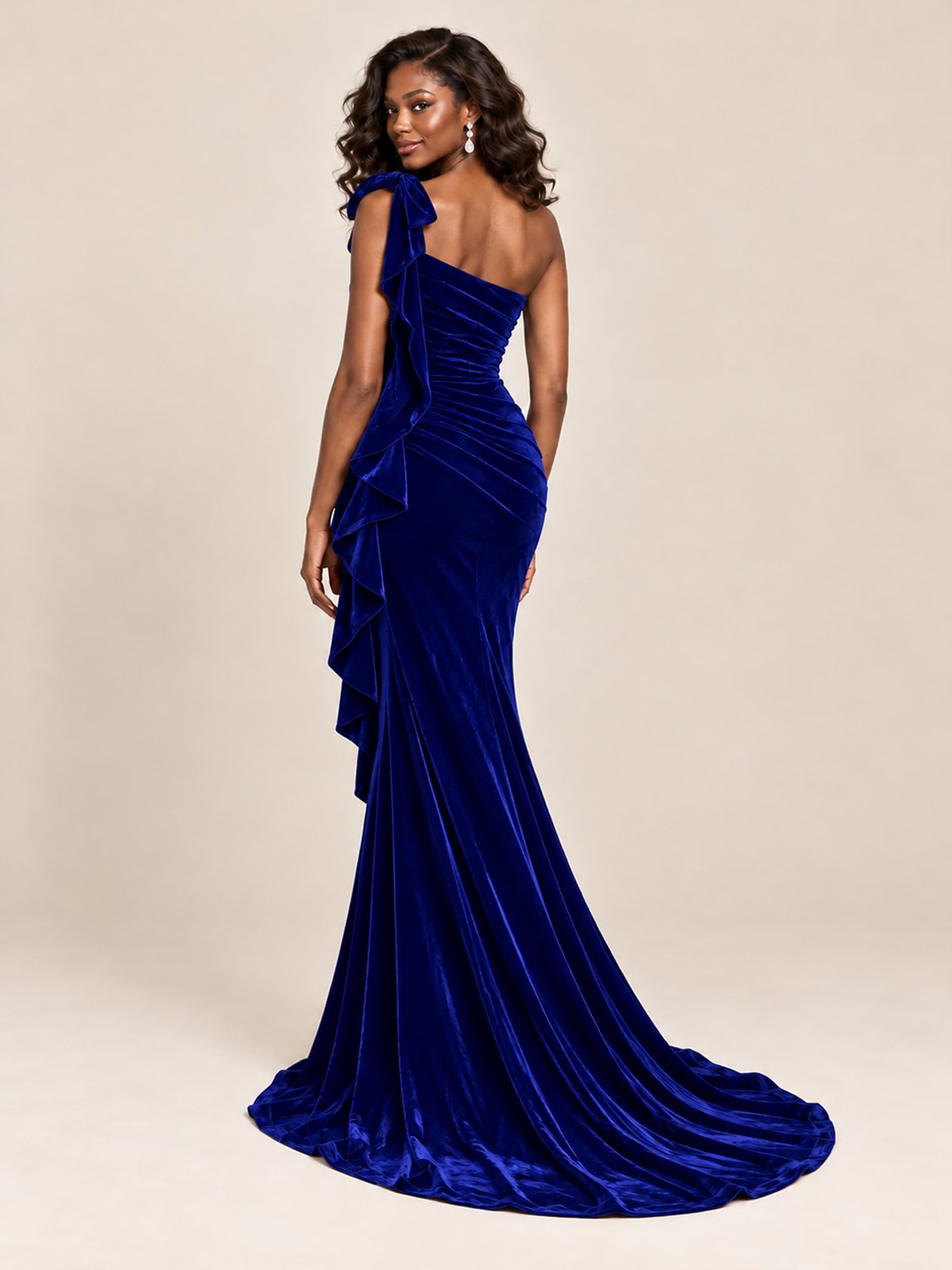 Black Velvet One-Shoulder Mermaid Evening Gown with Bow & Ruffles