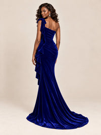 Black Velvet One-Shoulder Mermaid Evening Gown with Bow & Ruffles