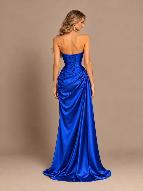 Dusty Blue Strapless Satin Prom Dress with Ruched Bodice and Slit