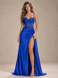 Mermaid Satin Prom Dress with Floral Appliqué Corset and High Slit