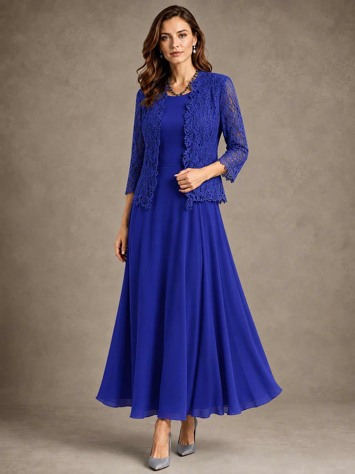 2-Piece Chiffon Mother of the Bride Dress with Lace Jacket