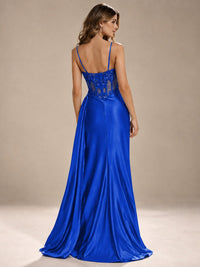 Mermaid Satin Prom Dress with Floral Appliqué Corset and High Slit