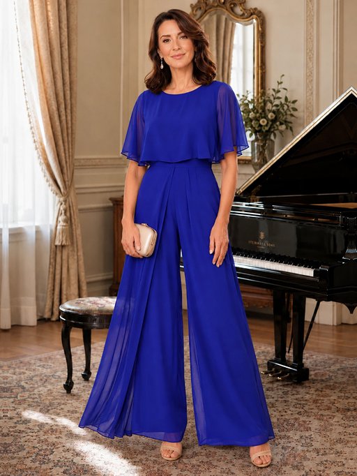 Chiffon Mother of the Bride Jumpsuit with Layered Cape Sleeves