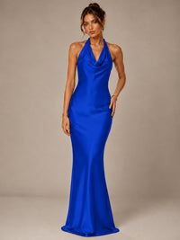 Olive Green Halter Satin Mermaid Maxi Dress