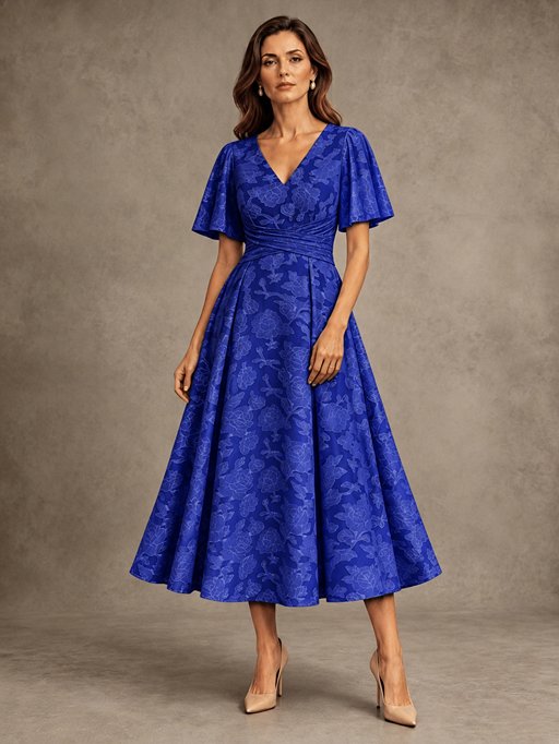 V-Neck Floral Jacquard Tea-Length Mother of the Bride Dress