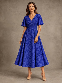 V-Neck Floral Jacquard Tea-Length Mother of the Bride Dress