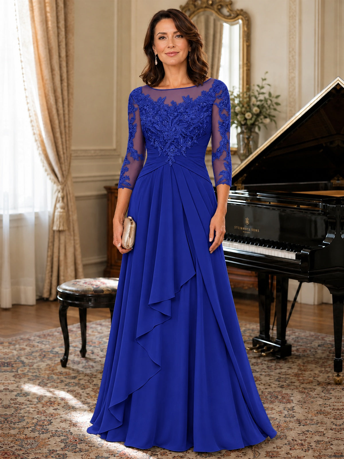 A-Line Chiffon Mother of the Bride Dress with Floral Applique 3/4 Sleeves