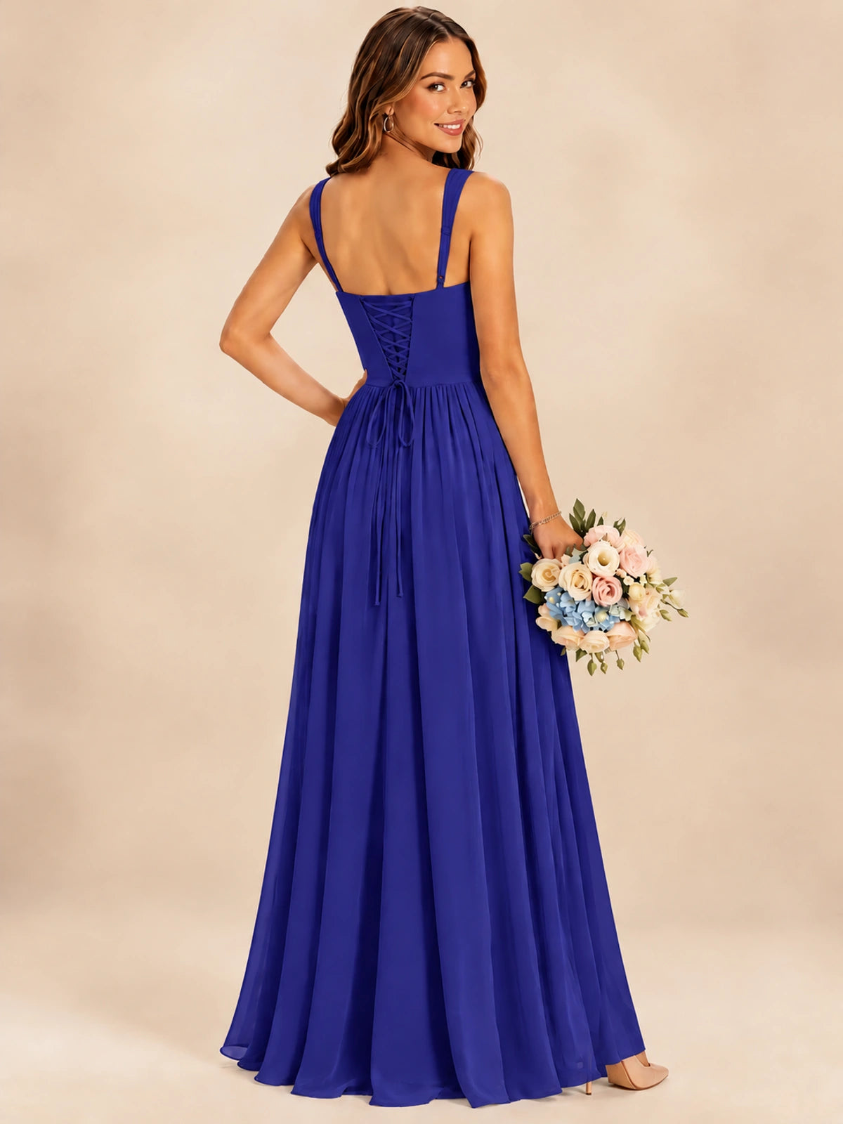 Spaghetti Straps Pleated Chiffon Bridesmaid Dress with Ruffle Slit