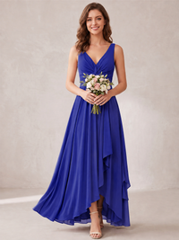 V-Neck High-Low Chiffon Bridesmaid Dress with Ruffles