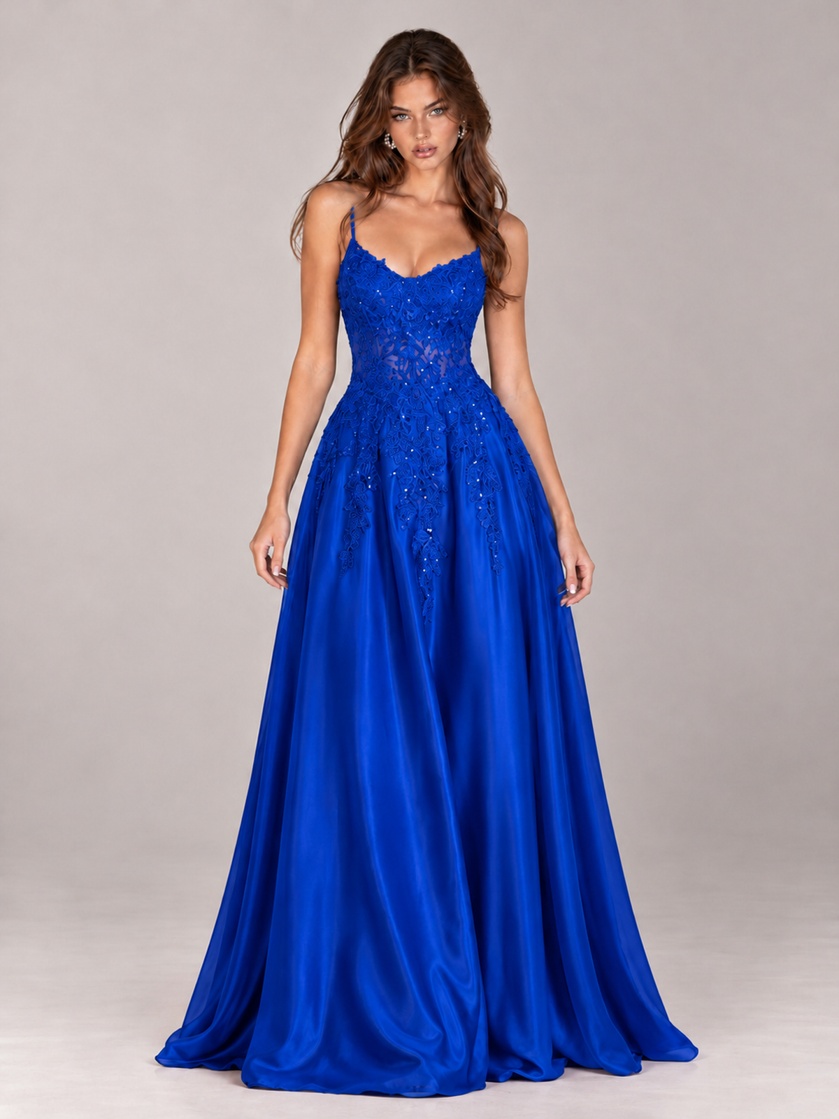 Lace Applique Satin A-Line Prom Dress with Sheer Bodice