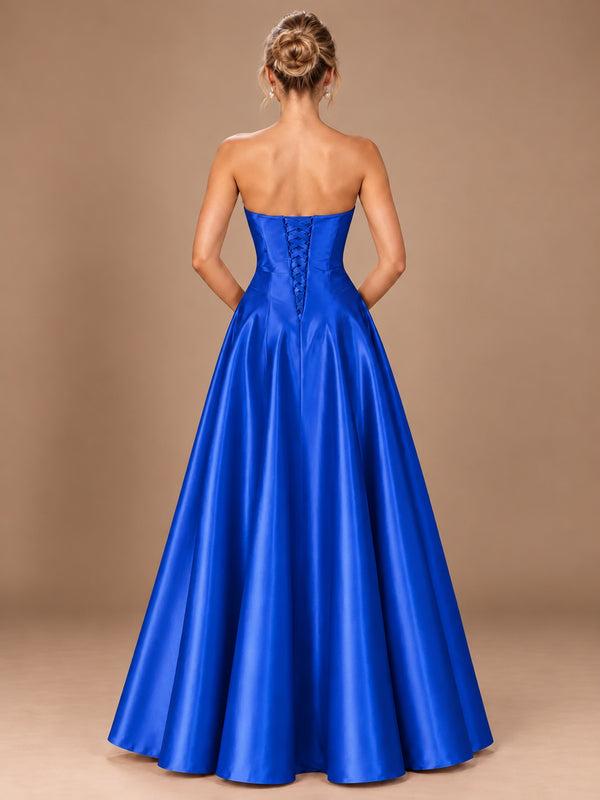 Blush Pink Strapless Satin A-Line Prom Dress with Ruched Bodice