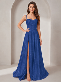 Royal Blue Sparkly Cowl Neck Corset Long Prom Dress with Slit A-line Tulle Ball Gown Formal Evning Party Dress