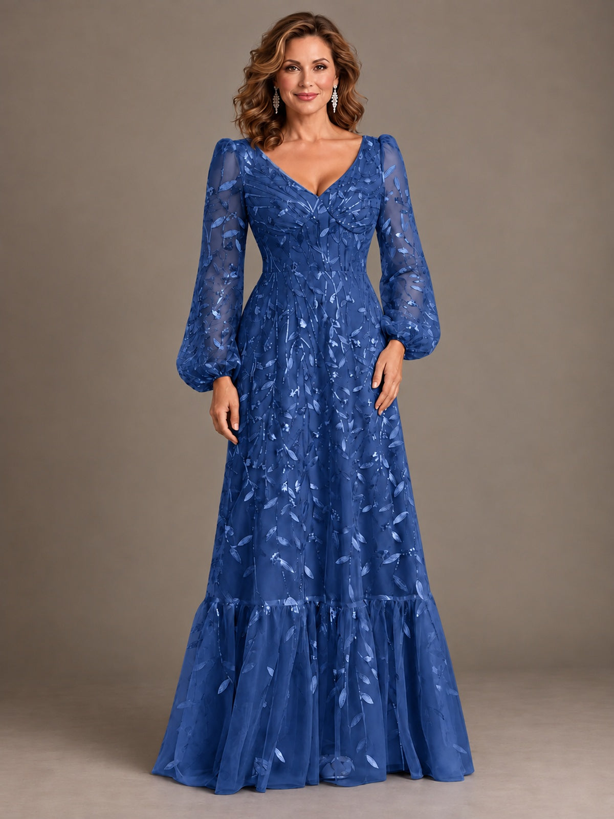 Floral Sequin Embroidered A-Line Mother of the Bride Dress with Long Sleeves