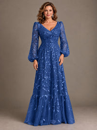 Floral Sequin Embroidered A-Line Mother of the Bride Dress with Long Sleeves