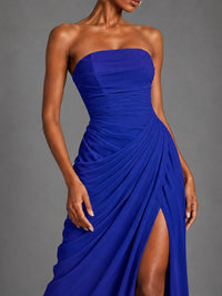 Strapless Bodycon Pleated Chiffon Formal Dress with Slit