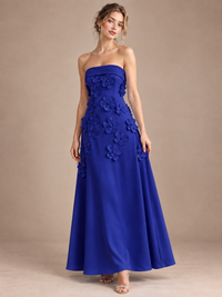 Royal Blue Strapless 3D Floral Appliques Maxi Dress