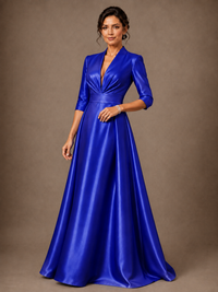 V-Neck Pleated Satin Mother of the Bride Gown with 3/4 Sleeves