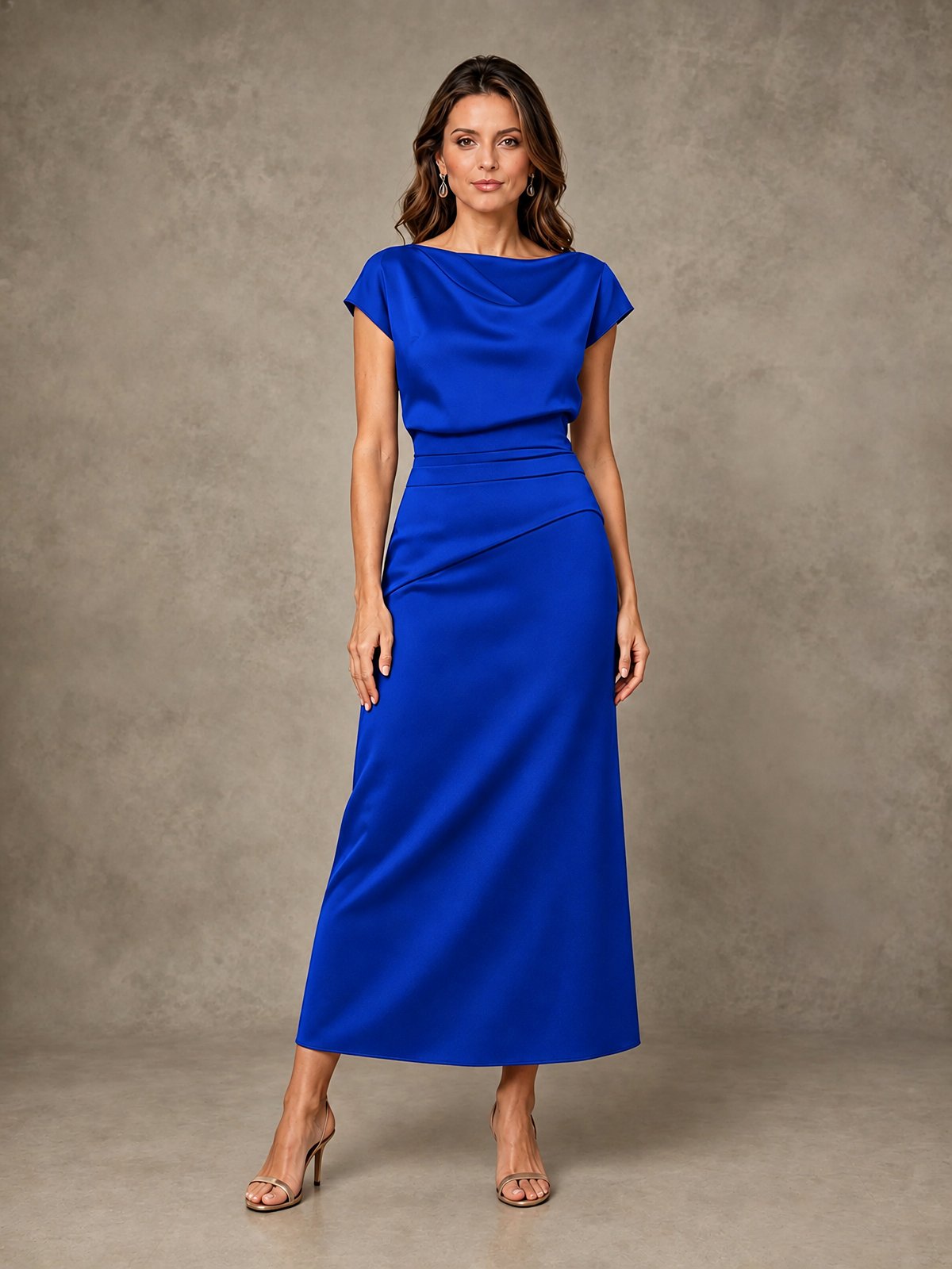 Cowl Neck Satin Mother of the Bride Dress with Ruched Waist