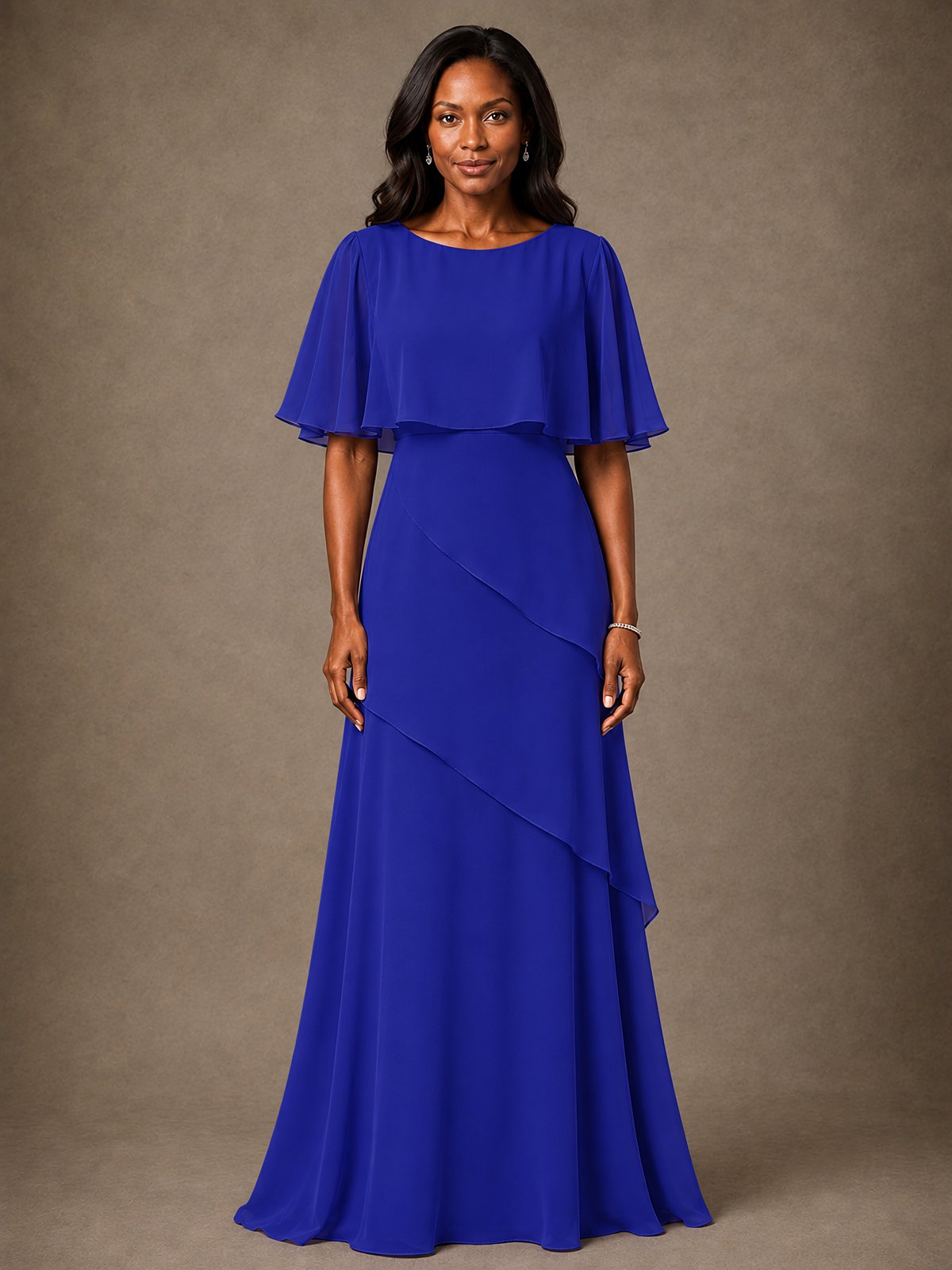 Taupe Chiffon A-Line Mother of the Bride Dress with Cape Sleeves