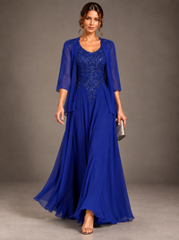 A-line 2 Pieces Chiffon Appliques Mother of The Bride Dresses with Jackets