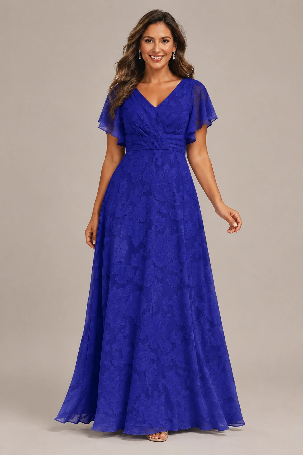 Jovellee Floral Chiffon A-Line Mother of the Bride Dress with Flutter Sleeves