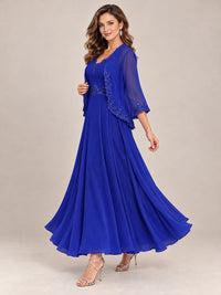 Dusty Blue Floral Lace Chiffon Mother of the Bride Dress with Jacket