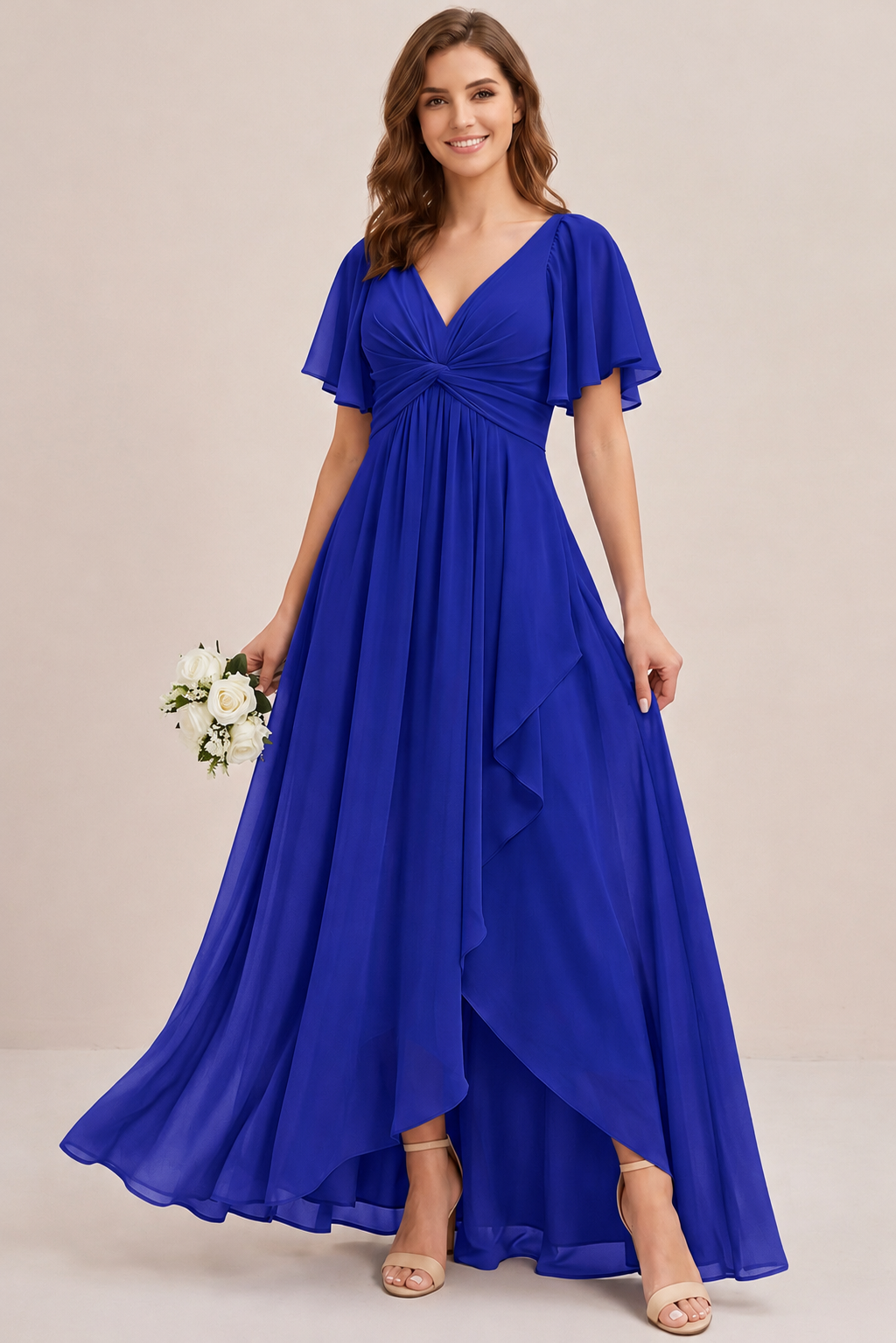 Dusty Blue Chiffon Bridesmaid Dress with Flutter Sleeves & High-Low Hem